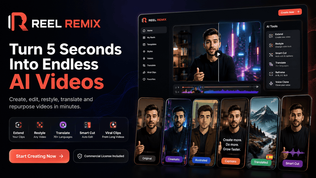 Reel Remix AI video platform showing Extend, Restyle, Translate, Smart Cut, Viral Clips and AI video creation features