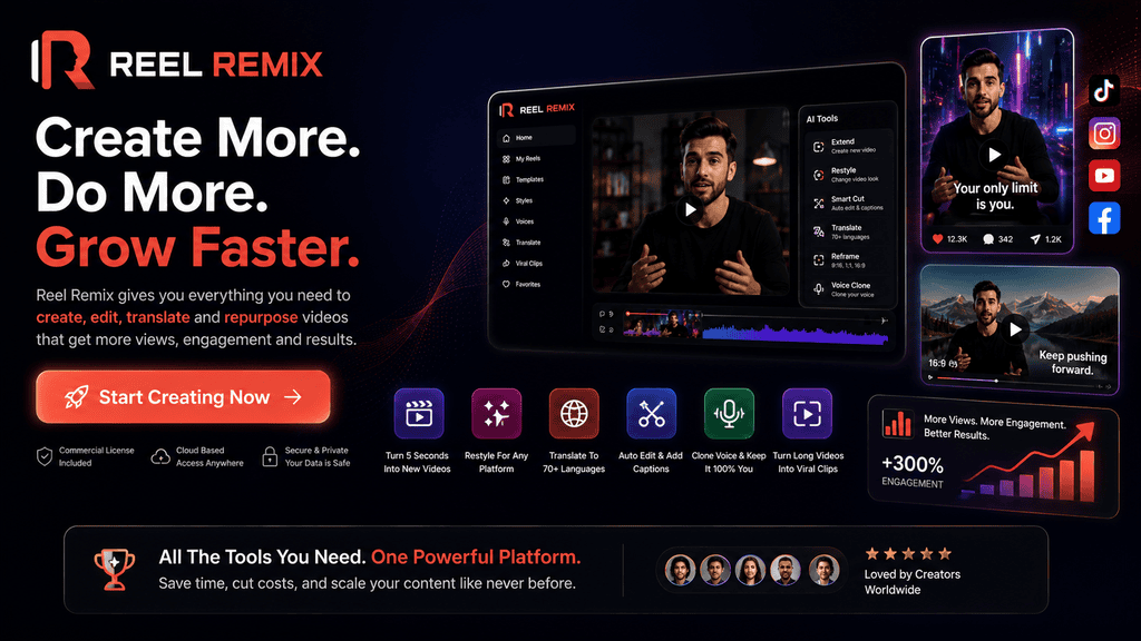 Reel Remix AI video platform showing video creation, editing, translation, voice cloning, repurposing and social media publishing tools