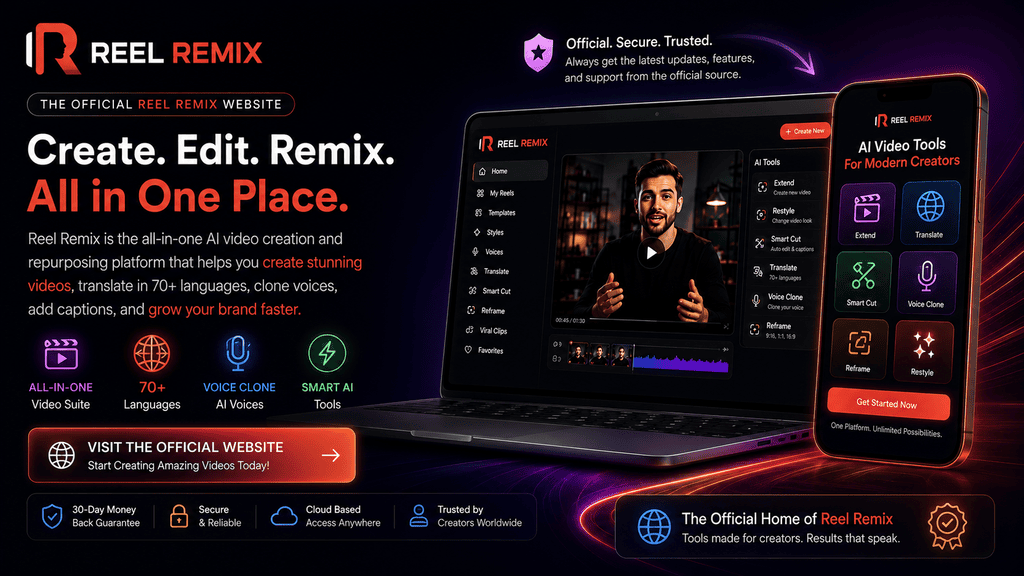 Reel Remix official website showing AI video creation, translation, voice cloning, Smart Cut, Reframe, and Restyle tools